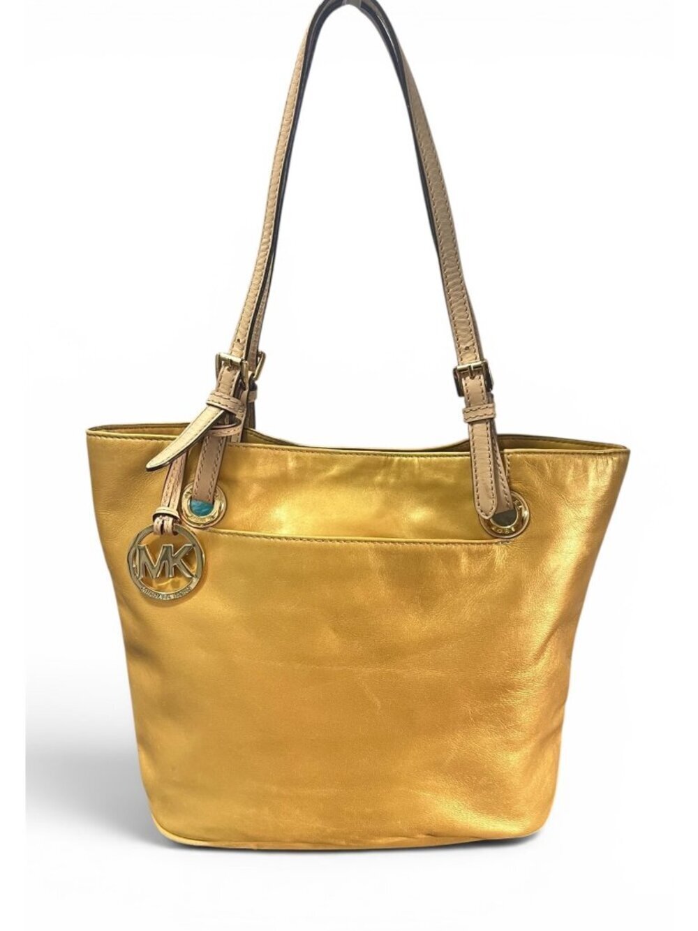 Michael Kors Metallic Gold Tote Shoulder Bag With Adjustable Straps & MK Charm